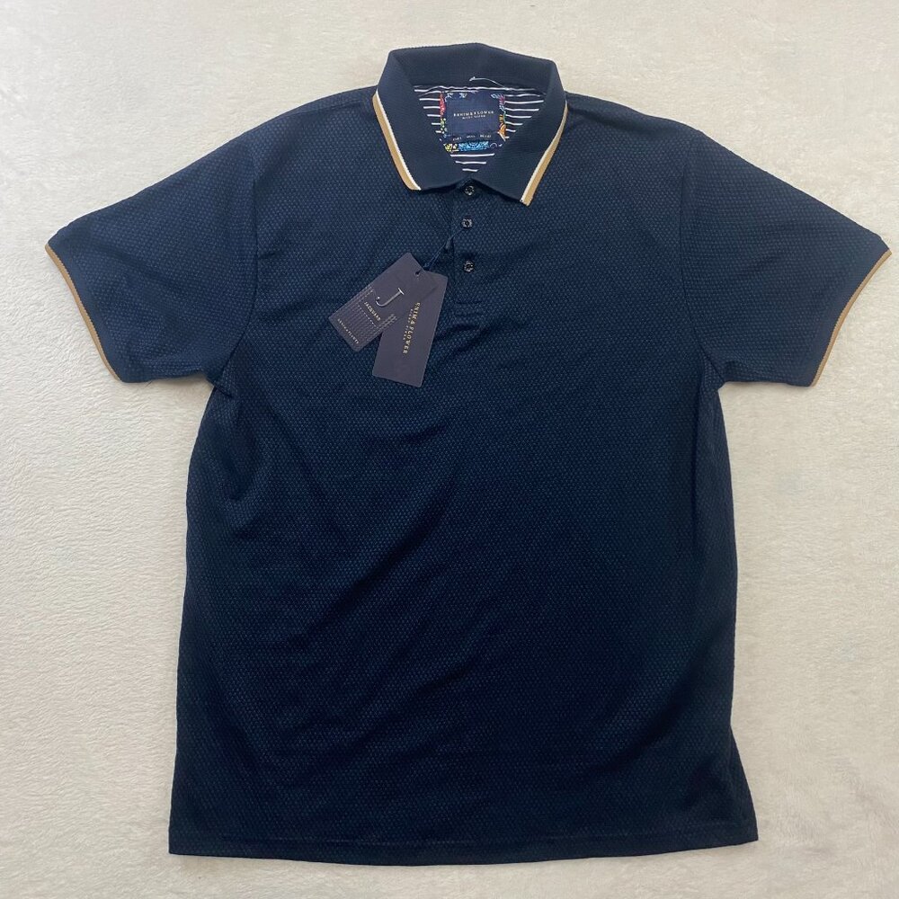 Denim & Flower NWT Men's Navy Jacquard Polo w Khaki & White Edging on Collar L